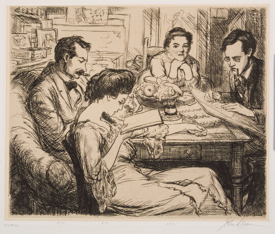 A black-and-white print of two White men and two White women sitting around a cluttered table in a cozy room and engaging in individual activities.