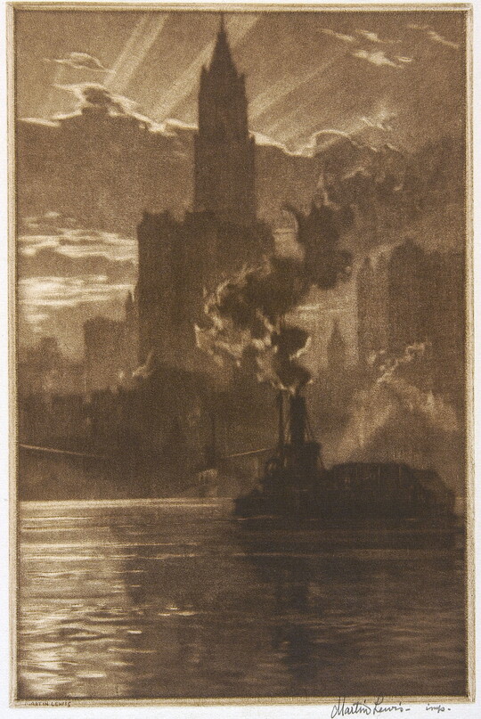 A black-and-white print of a ship on the water, smoke bellowing from its stacks, in front of city filled with tall buildings, the sun shining from behind clouds.