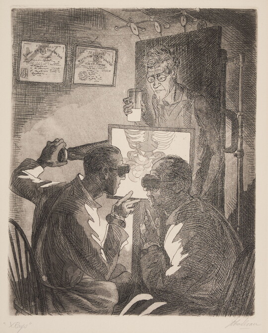 A black-and-white print of two seated doctors wearing safety glasses reviewing a screen showing a ribcage, and a man standing behind the screen.