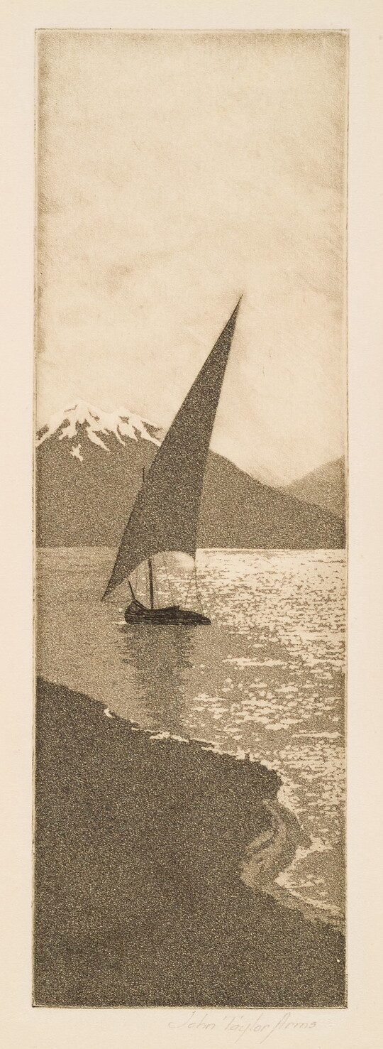 A vertically-oriented black-and-white print of a sailboat on calm, sparkling water in front of a snow-capped mountain.