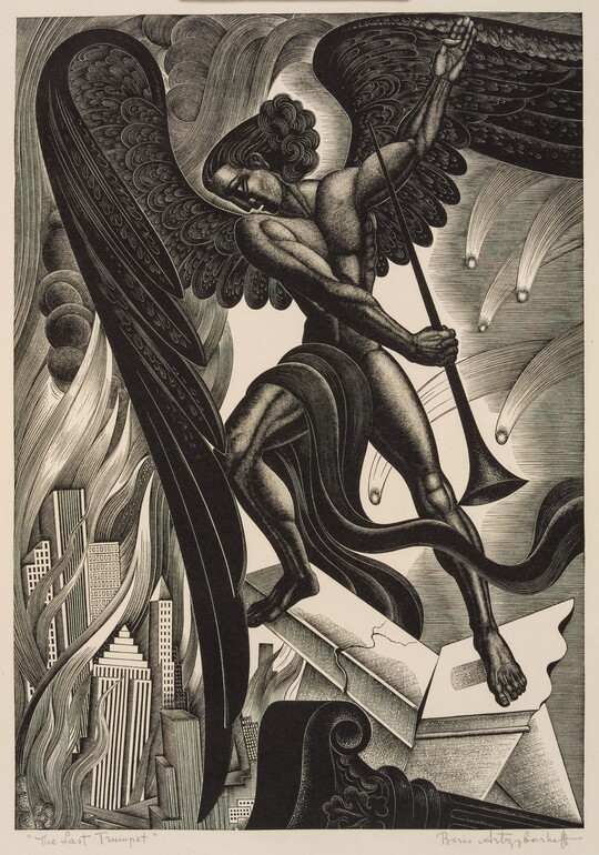 A black-and-white print of a nude, muscular angel holding a trumpet looking down at city buildings that are engulfed by flames.