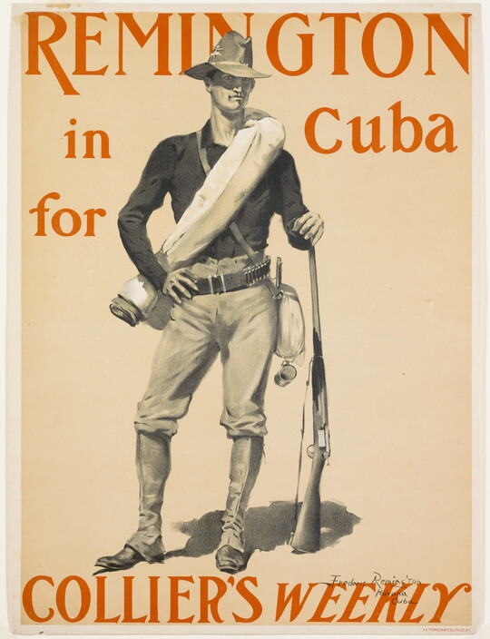 A Collier's magazine cover of a soldier in uniform resting his hand on an upright rifle.