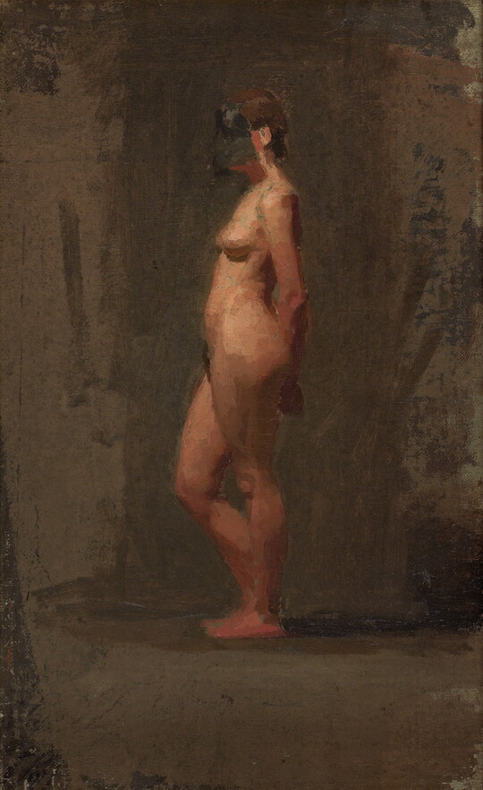 An oil painting of a nude White woman, face masked in black, in profile against a dark background.