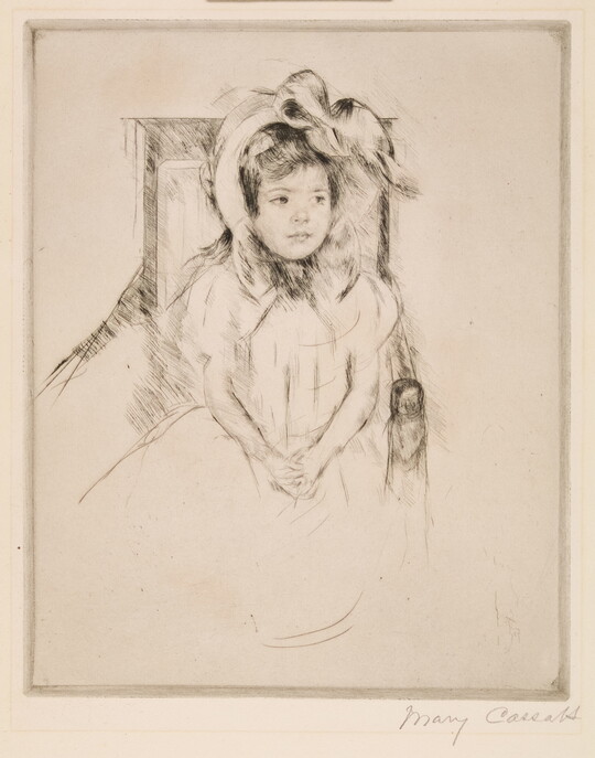 A black-and-white print of a seated young White girl in a large bonnet with a bow on top.