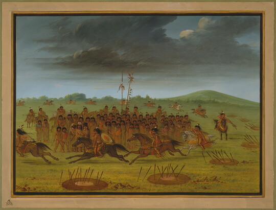 An oil painting of a group of Indigenous people watching men on horseback ride in a circle while shooting arrows at targets on the ground.