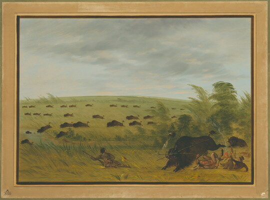 A landscape of a hunter watching a herd of bison in the distance as a lone bison tramples the nearby campfire and people cooking over it.
