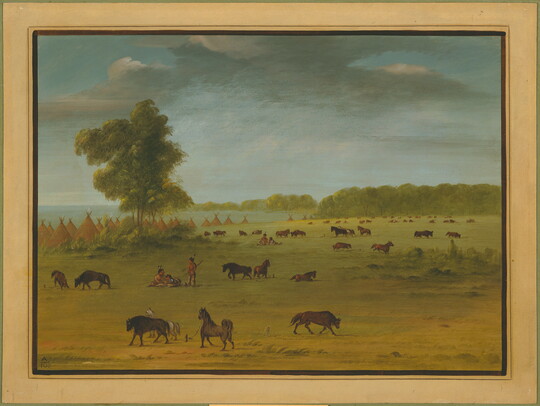 An oil painting of a Native American village with groups of people and horses in a grassy field in front of tipis along a shore.