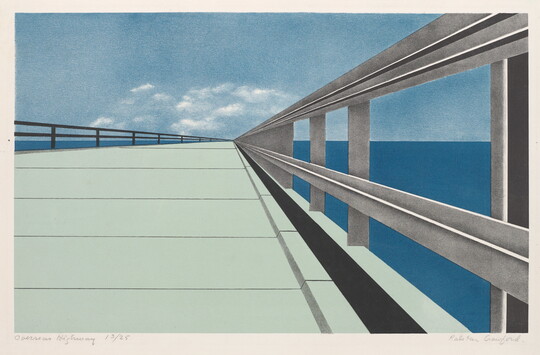 A color print of a bridge, shown from worm's eve view, over water that vanishes at the horizon.