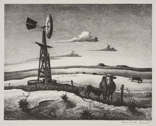 A black-and-white print of a field of grazing cows, one stands just inside a fence next to a windmill.