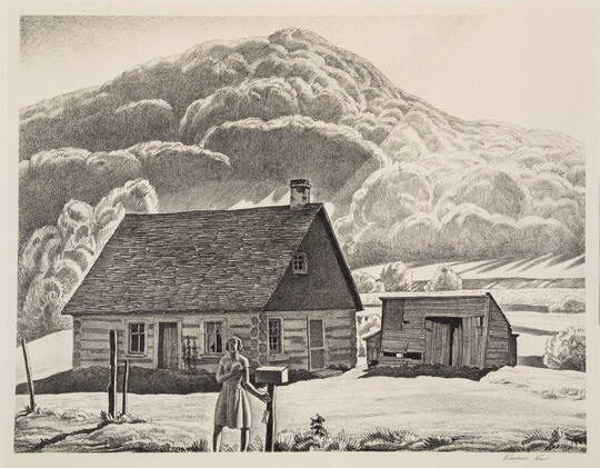 A black-and-white print of a woman standing by a mailbox near a log cabin that sits at the foot of a mountain.