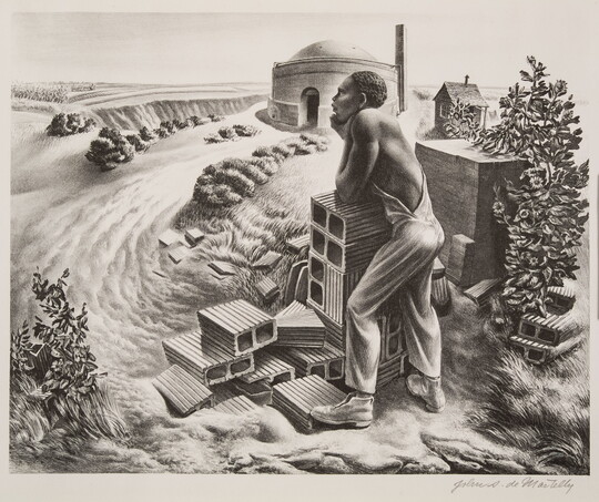 A black-and-white print of a Black man in overalls leaning on a pile of cinder blocks, staring off into grassy landscape with a domed building in the distance.