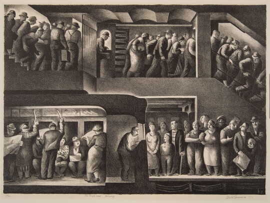A black-and-white print of a cross-section of a subway station showing crowds descending stairs, going through turnstiles, lined up on the platform, and on the train.