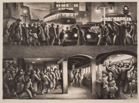 A black-and-white print of a cross-section of a subway station filled with people in the tunnels and on the train beneath a busy street filled with buses, cars, and crowds of pedestrians.