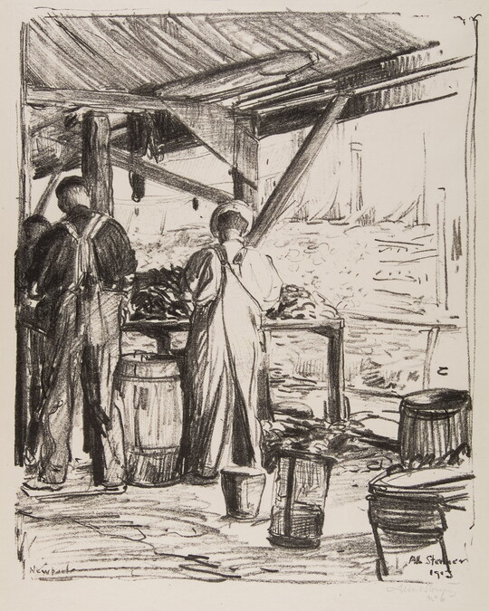 A black-and-white print of two standing figures, backs to the viewer, at tables piled high with mussels under a wooden awning that is open to the sea.