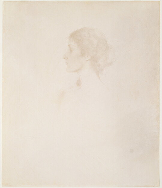 A faint black-and-white drawing of a young, White woman in profile, hair pulled back, from the shoulders up.