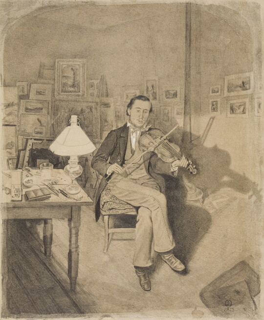 A black-and-white drawing of a young, White man playing a fiddle while seated next to a bright lamp on a cluttered table.