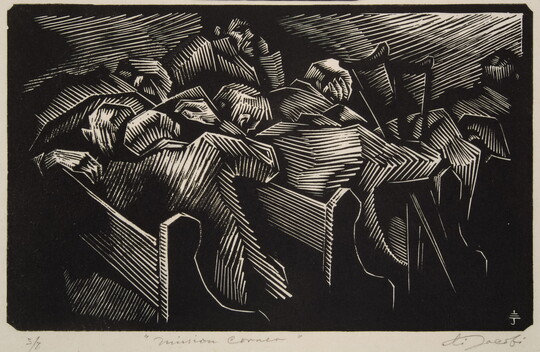 A black-and-white stylized print of people, some with crutches by their sides, sitting in church pews with their heads down.
