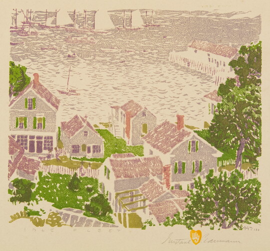 A color print of cottages and trees nested along a coastline with many sailboats docked in the distance on the water.