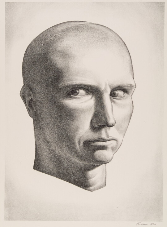 A black-and-white print portrait of the head of a completely bald, White man, eyes looking to the side.