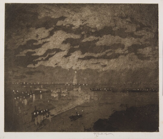 A black-and-white print of a harbor with boats and a distant lighthouse under a cloudy, night sky. 