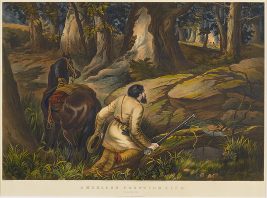 A color print of a man kneeling with his rifle next to his horse in a forest watching Native people around a fire in the distance.