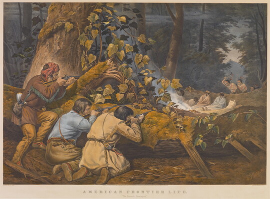 A color print of three White men crouched behind a log pointing rifles at three Indigenous men coming into their camp with tomahawks and knives raised.