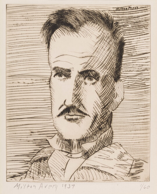 A black-and-white print caricature of a White man, head elongated, with a mustache wearing a collared shirt.