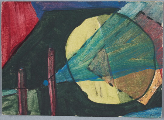 An abstract painting of various shapes in red, black, blue and yellow.