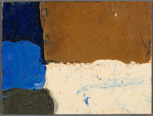 An abstract painting of rectangular shapes in blues, browns, and gray.