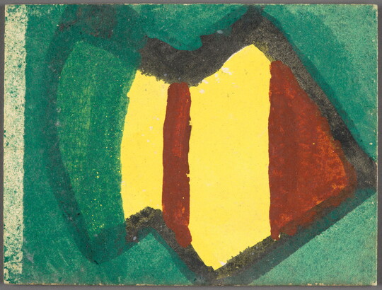 A watercolor with bands of yellow, red, and blue-green inside of an abstract form outlined in black.