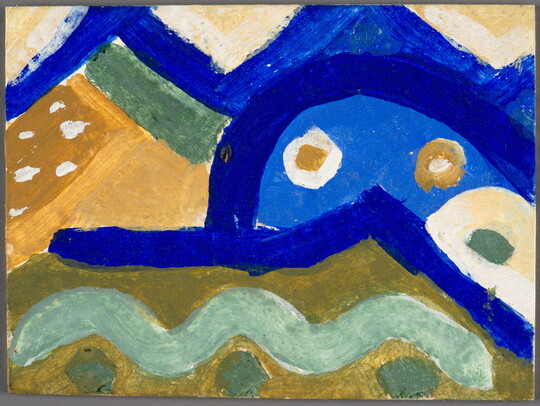 A watercolor of abstract shapes and lines in a variety of bold blues, yellows, and greens.