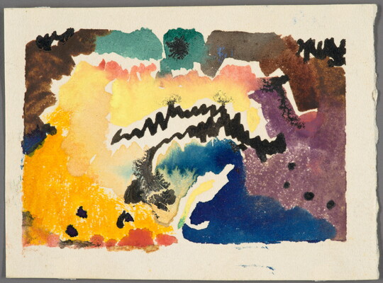 A watercolor of jagged abstract shapes and lines in a variety of bold colors that blend together in places.