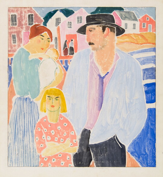 A colorful, stylized print of a family standing on a dock with houses in the background.