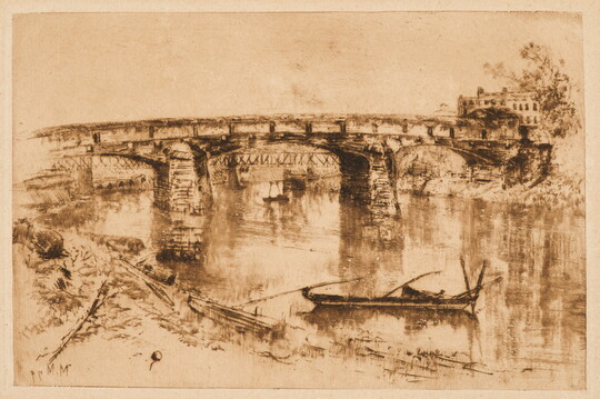 A print of a bridge over a river with small boats in the water and a building on the far end of the bridge.