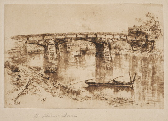 A print of a bridge over a river with small boats in the water and a building on the far end of the bridge.