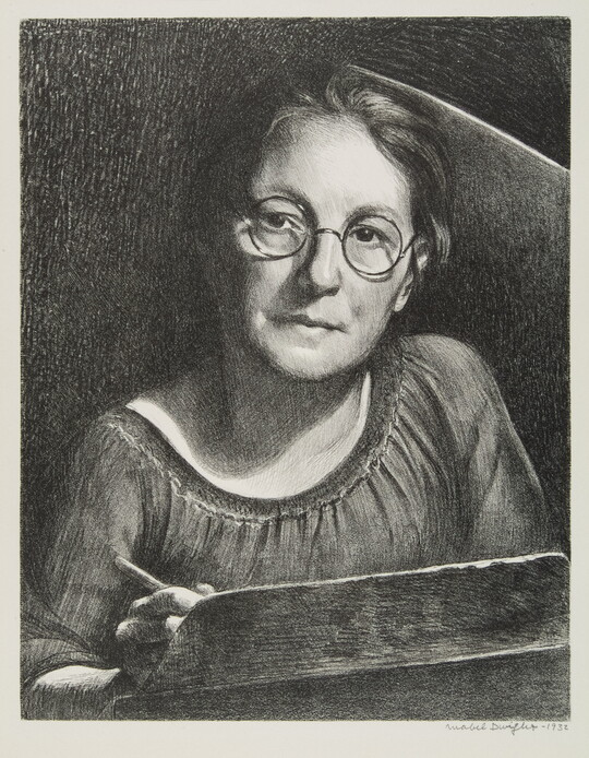 A black-and-white print of White woman wearing round glasses seated behind a desk and holding a pencil.