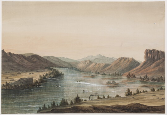 A watercolor of people in small boats on a wide, calm river surrounded by mountains and rock formations.
