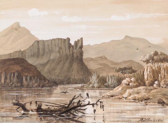A sepia-toned watercolor painting of mountains, rock formations, and a calm river.