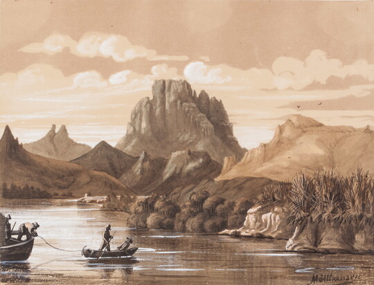 A sepia-toned watercolor painting of mountains, rock formations, and people rowing a boat and a canoe on a calm river.