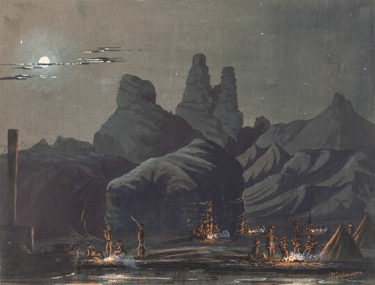 A watercolor of groups of people around campfires and tents surrounded by dark rock formations under the moonlight.