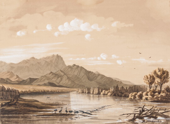 A watercolor of a birds wading in a calm body of water with mountains in the distance, all cast in a light orange haze.