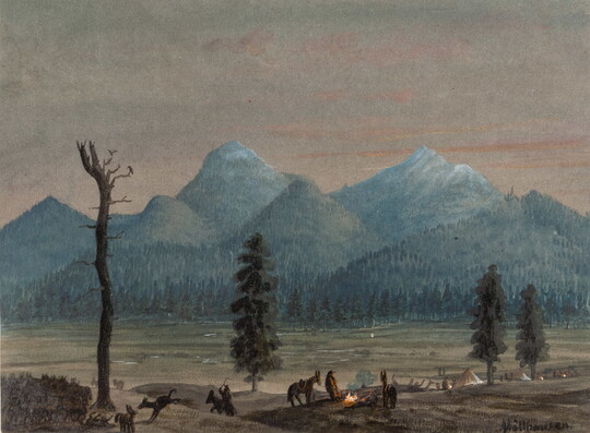A watercolor of a group of people and animals near a campfire at dusk with blue mountains in the distance.