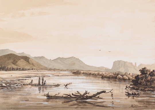 A watercolor in muted colors of a river with trees on its banks, four people standing on rocks in the river, and mountains in the background.