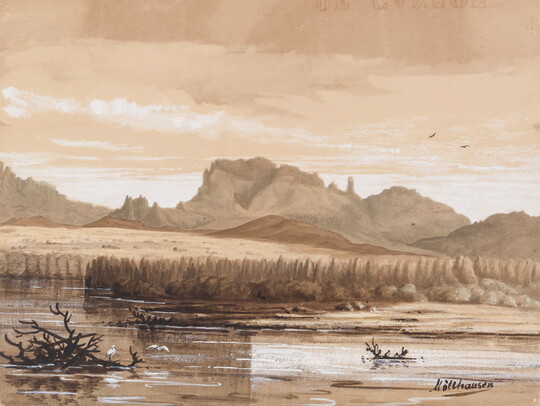 A watercolor in muted colors of a river with trees on the opposite bank and rock formations in the distance.