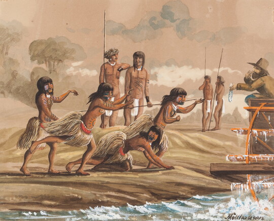 A watercolor of a group of American Indians on a shore interacting with a White man on a boat.