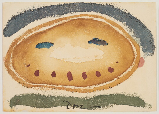 An abstract watercolor of a blue swath of color across the top, a green swatch across the bottom, and a yellow circle in between with red and blue dashes that resemble a smiley face.