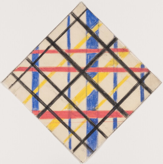 An abstract color drawing of overlapping black, blue, red, and yellow lines of varying widths drawn within the shape of a diamond. 