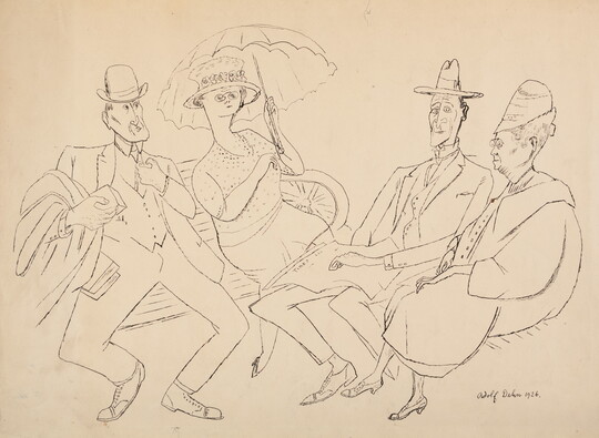 A black-and-white caricature-style drawing of nicely-dressed people, two men and two women, sitting on park benches.