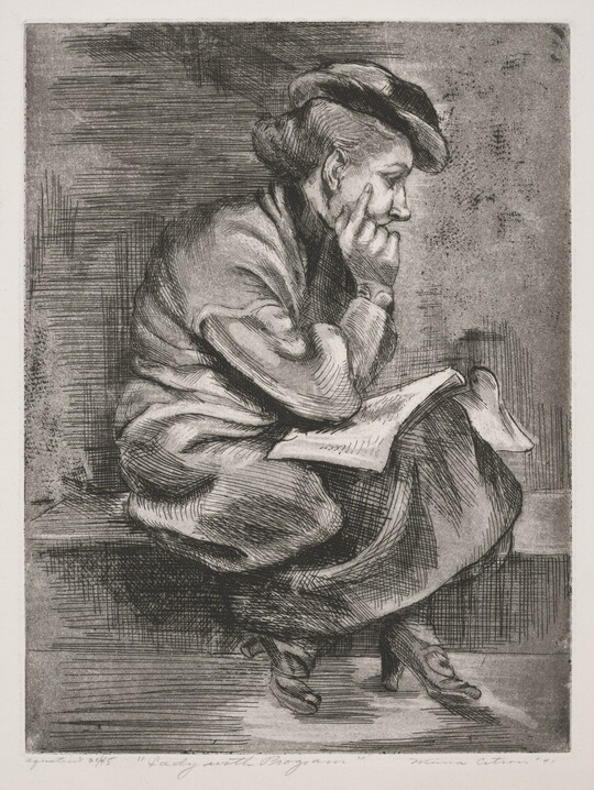 A black-and-white print of a White woman sitting on a ledge or bench resting her head in the palm of one hand, an open booklet on her lap.