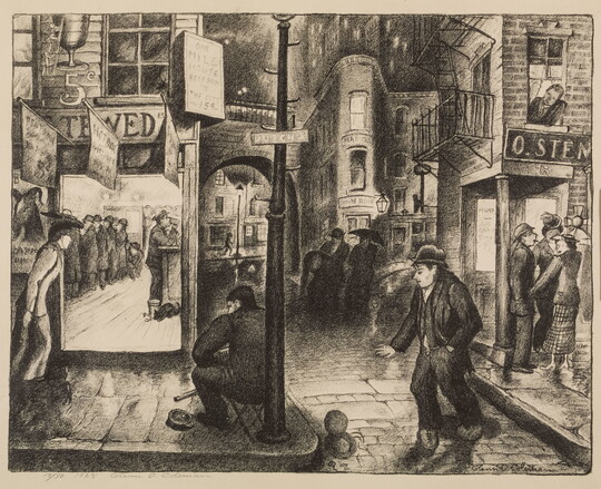 A black-and-white print of a street corner at night with people inside of a bar, people smoking, and people on the cobblestone street.